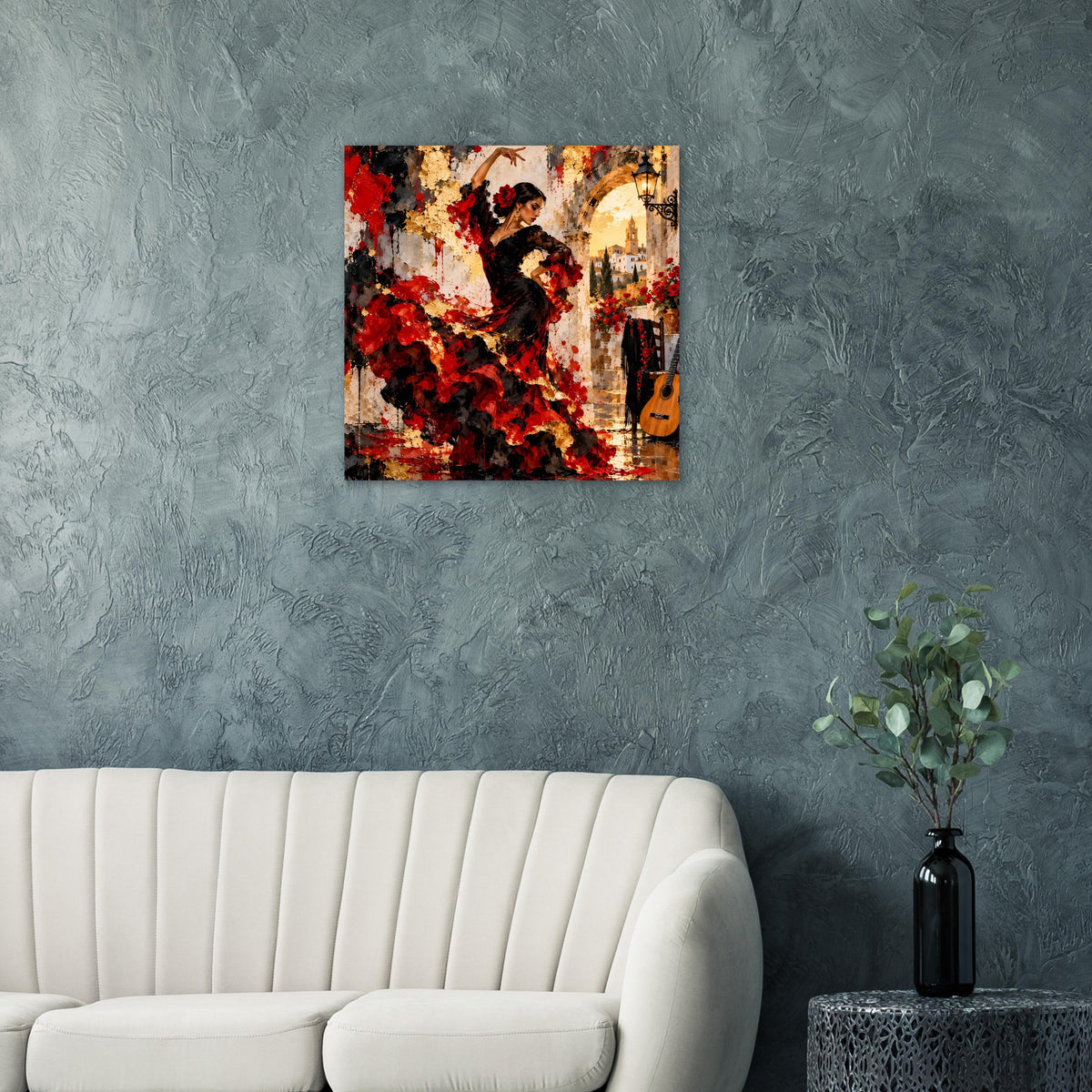 Flamenco-Tänzerin-Poster in Rot und Schwarz mit abstrakten Spritzmustern und Gitarre