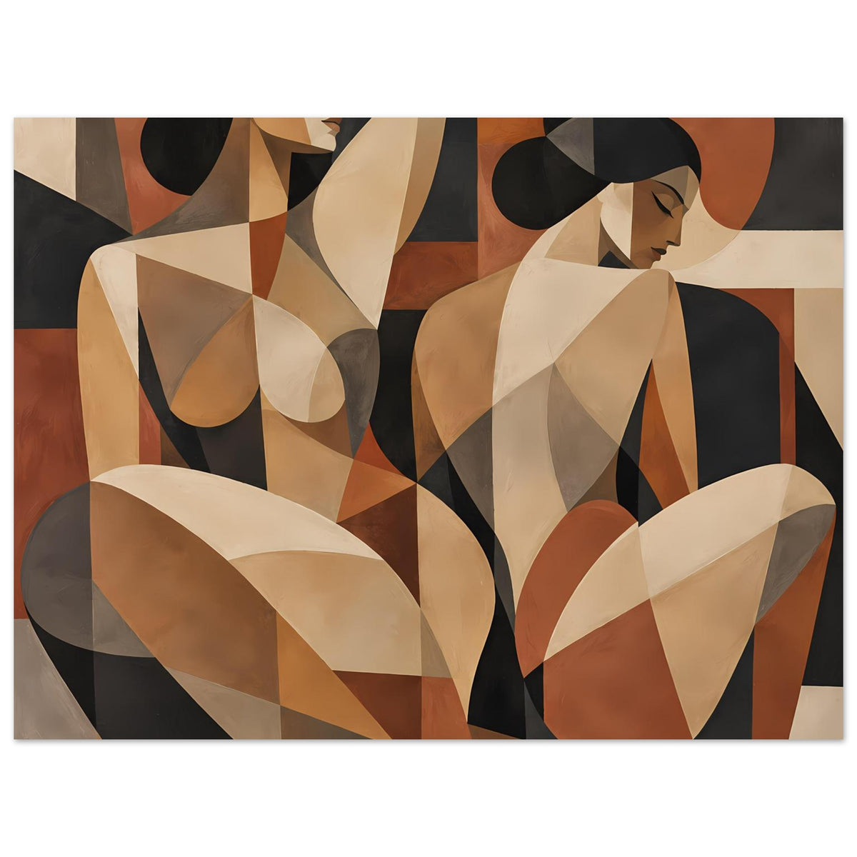 Abstraktes Poster mit Frauenfiguren in erdigen Farben, beige Gesichter, schwarzer Hintergrund