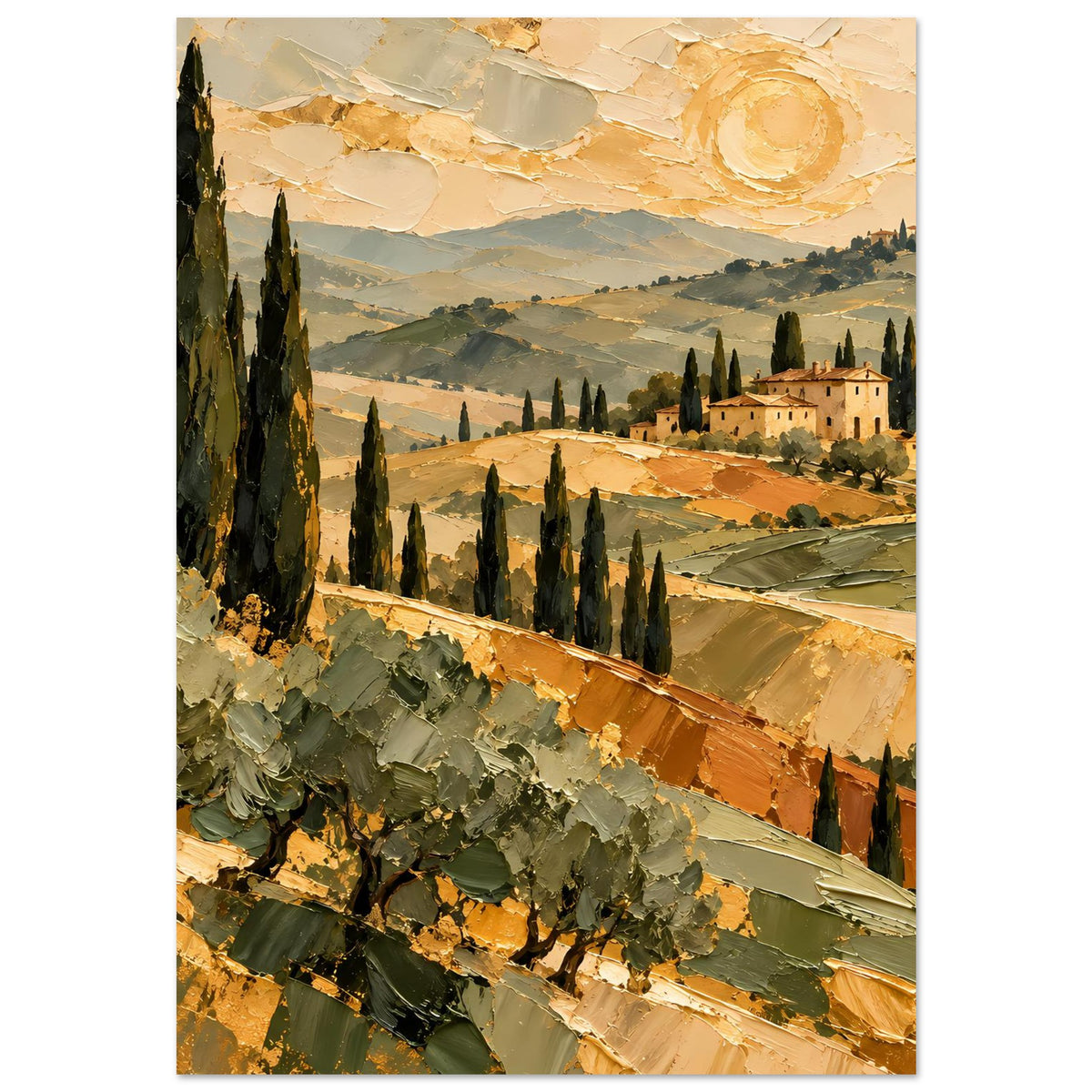 Goldfarbenes Tuscan-Landschafts-Poster, vertikaler Ausschnitt mit Landgut und Zypressen