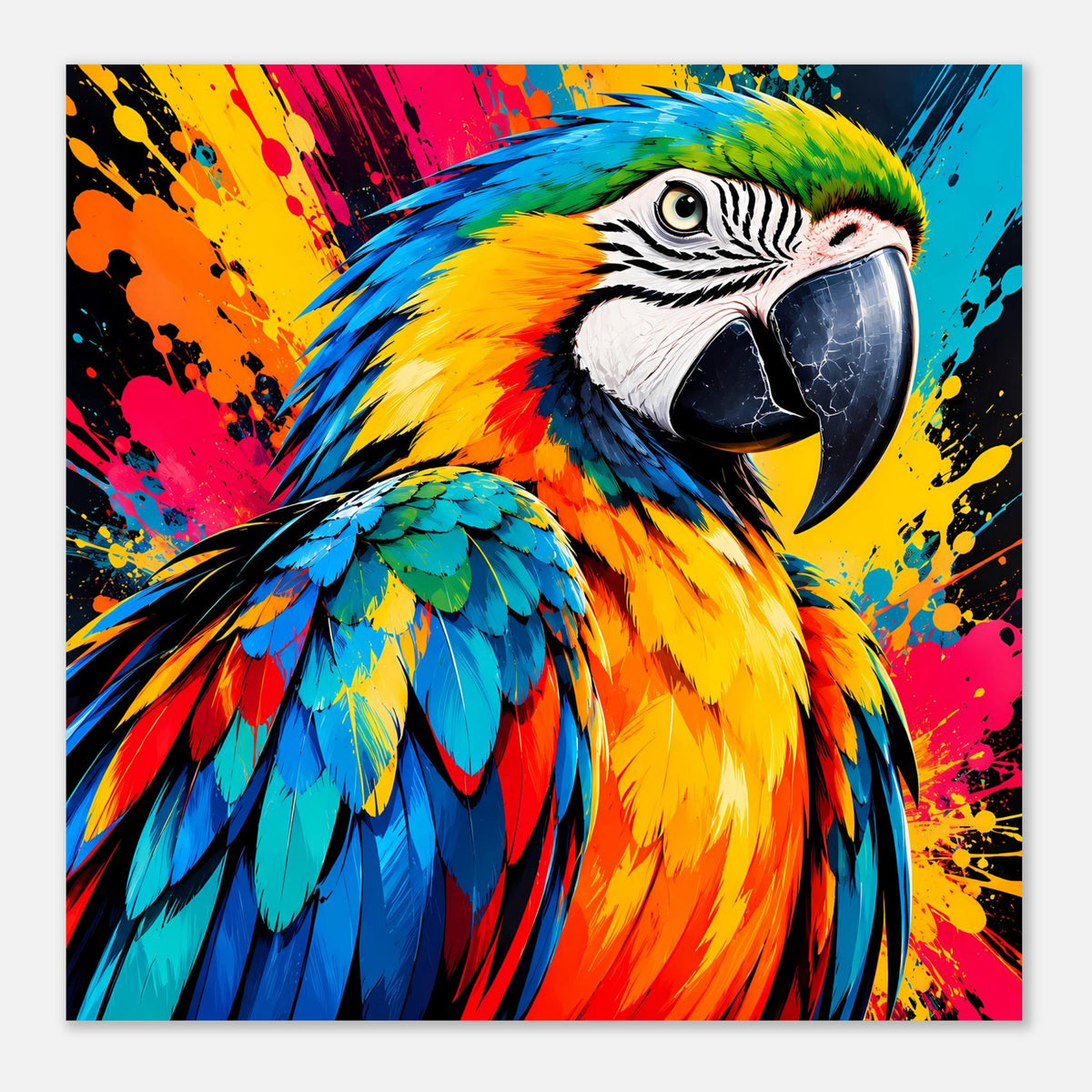 Breites Papagei-Splash-Art-Poster, Papagei-Motiv mit bunten Spritzfarben