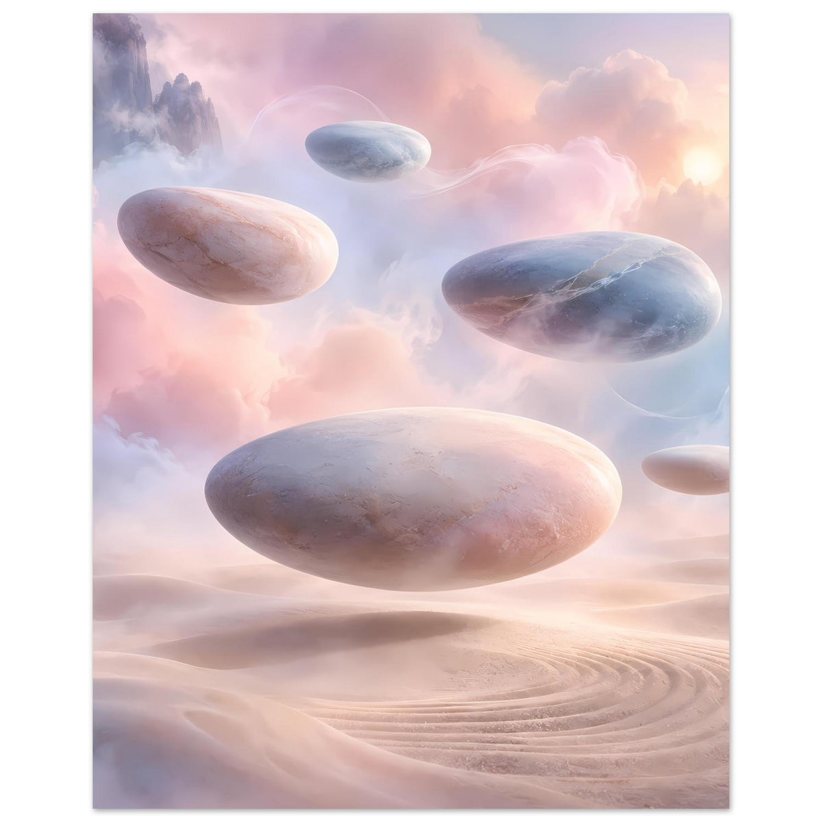 Poster: schwebende ovale Felsen über rosafarbenen Wüstendünen, zarte Pastellpalette