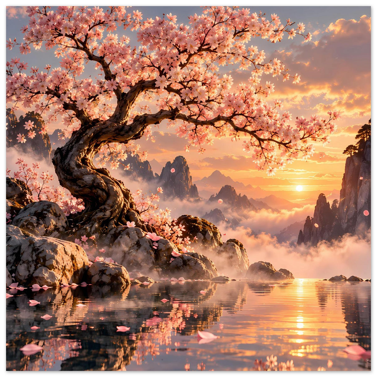 Poster mit Kirschblütenbaum, Felsen und spiegelndem See bei goldenem Sonnenuntergang