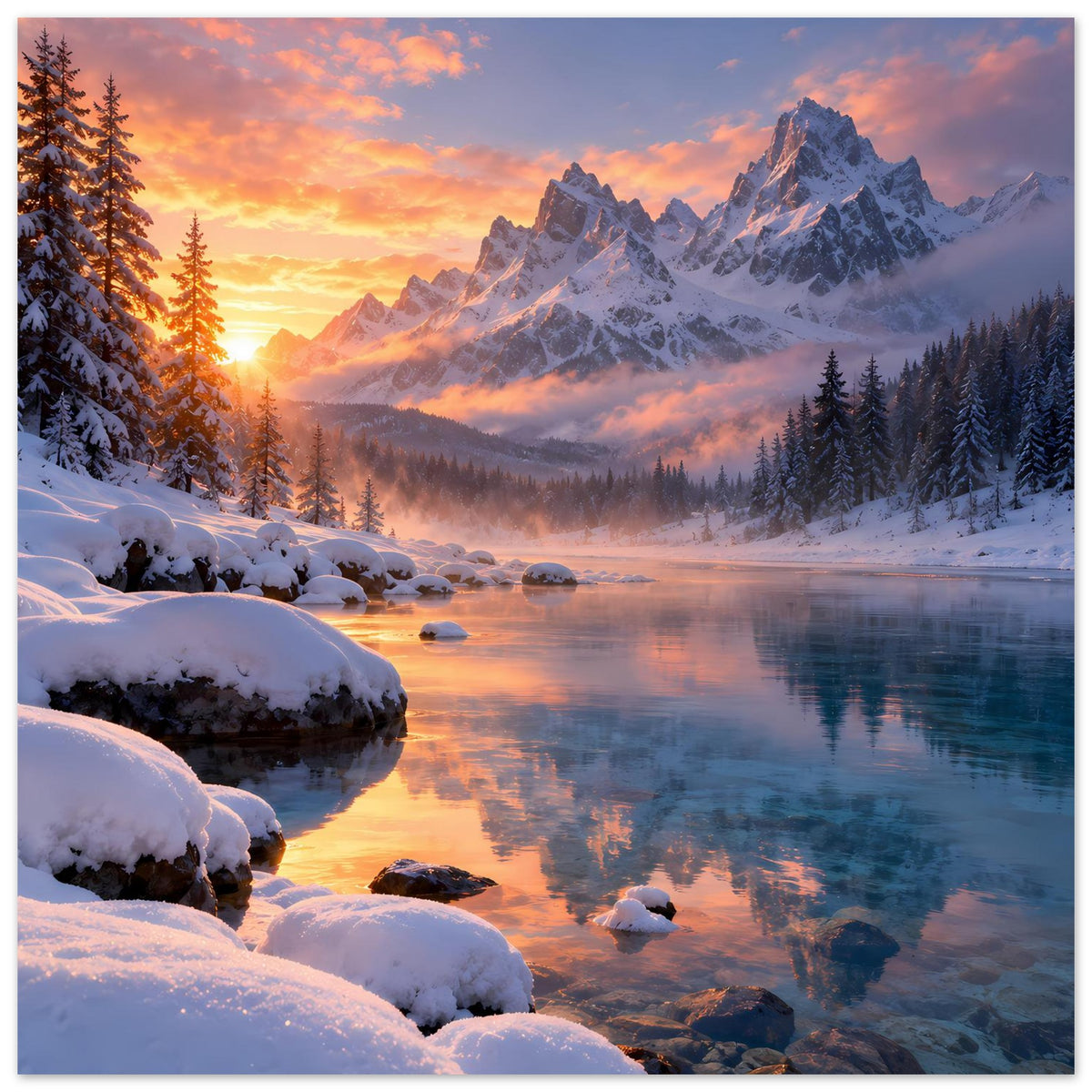Vertikales Winterlandschafts-Poster: Sonnenlicht zwischen verschneiten Tannen, Berge und See