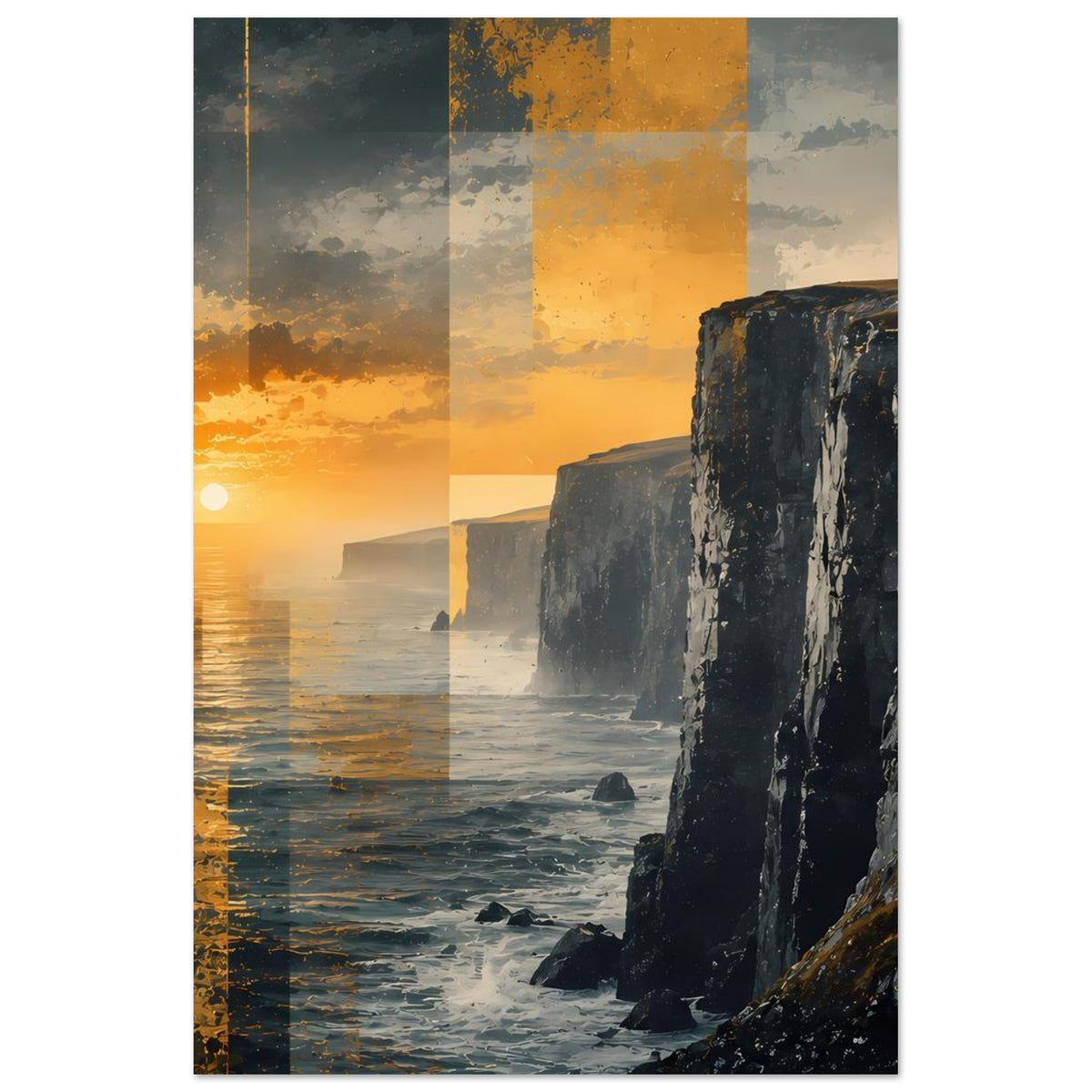 Poster mit Sonnenuntergang über dem Meer und Küstenklippen, hochkant gerahmt