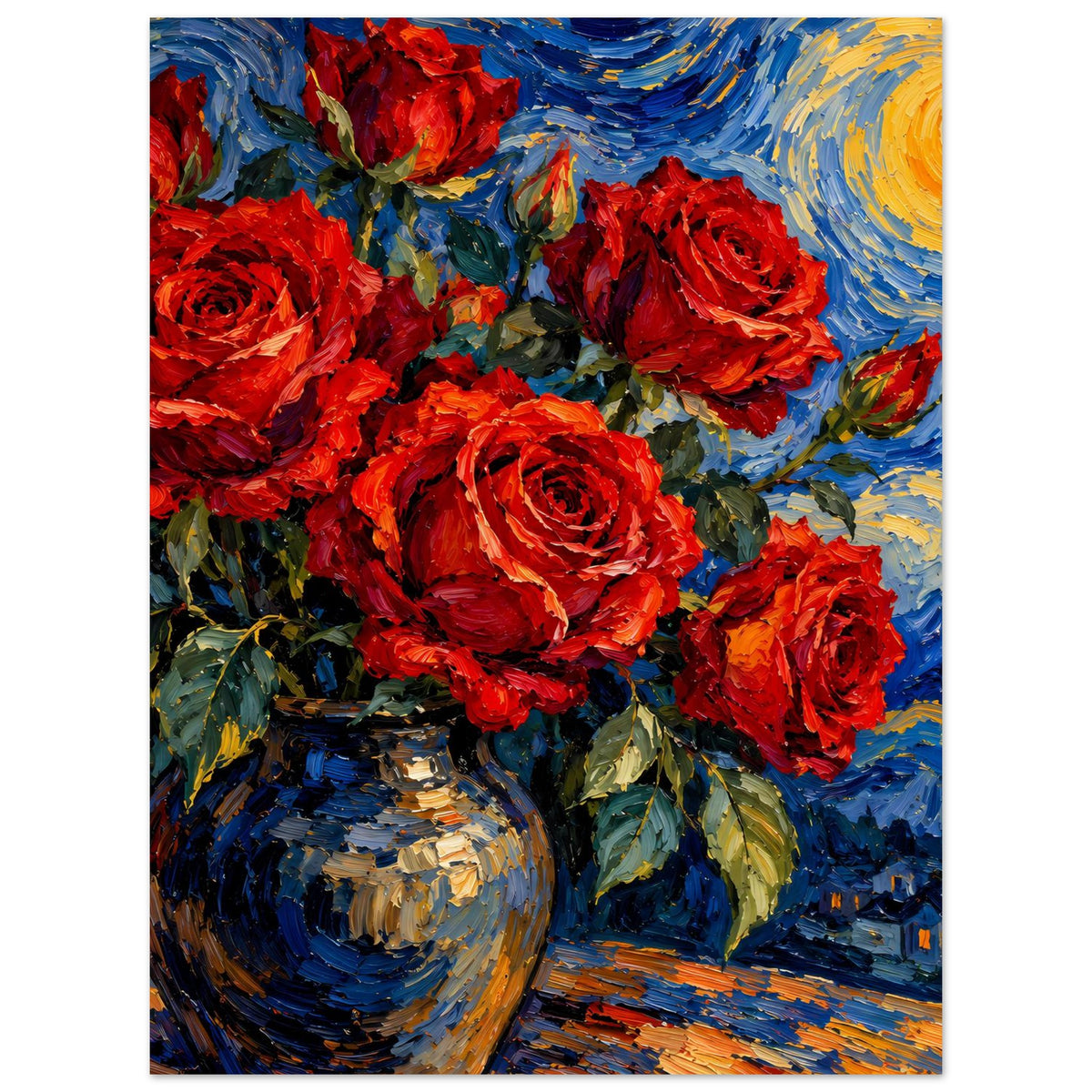 Hochformat-Poster mit roten Rosen und Vase, blau-gelbem Hintergrundgemälde