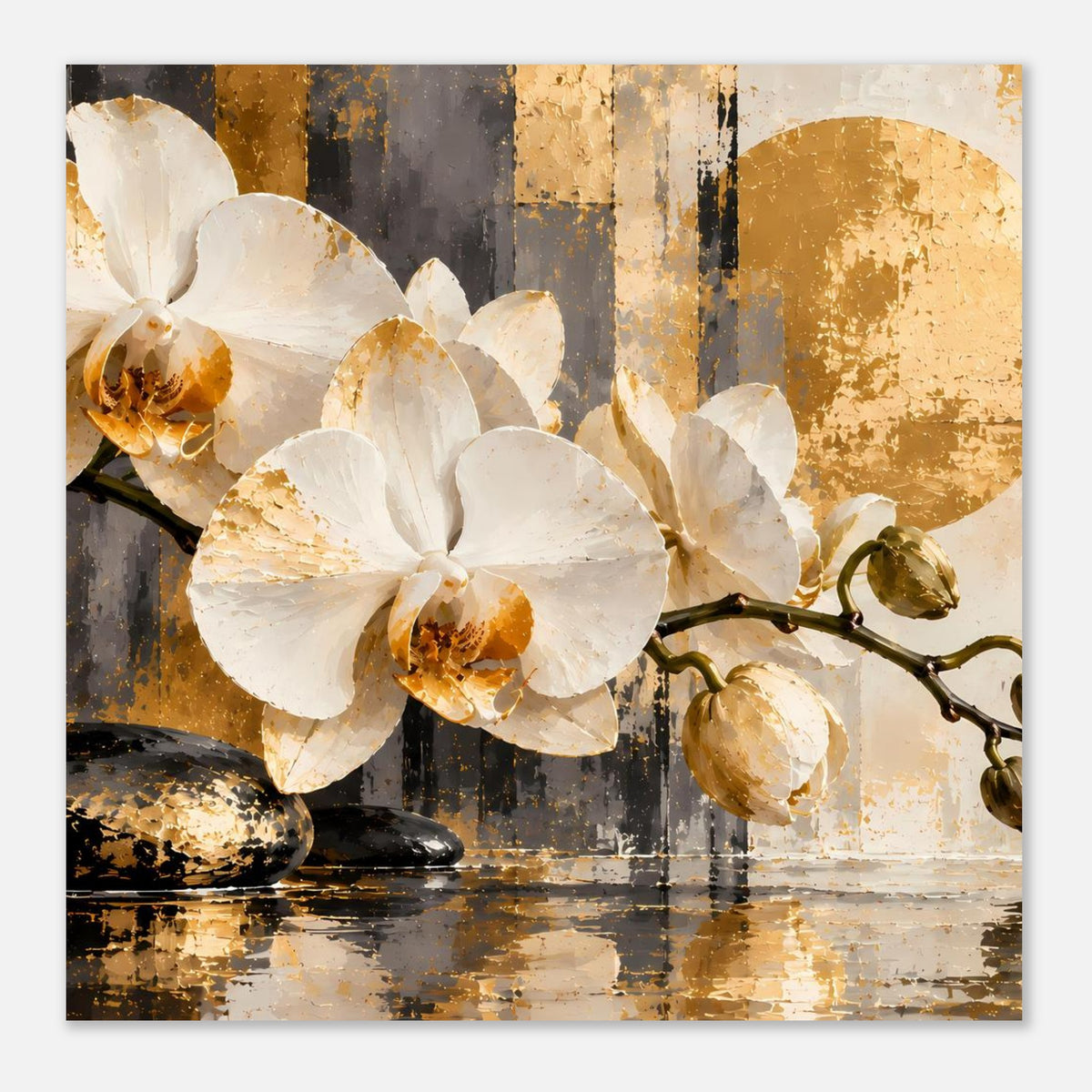 Orchideen-Poster in quadratischer Ansicht mit weißen Blüten und goldbraunem Abstraktmotiv