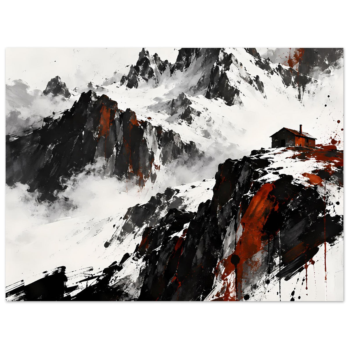 Wandposter mit dramatischer Berglandschaft, schwarze Pinselstriche und orangefarbene Details
