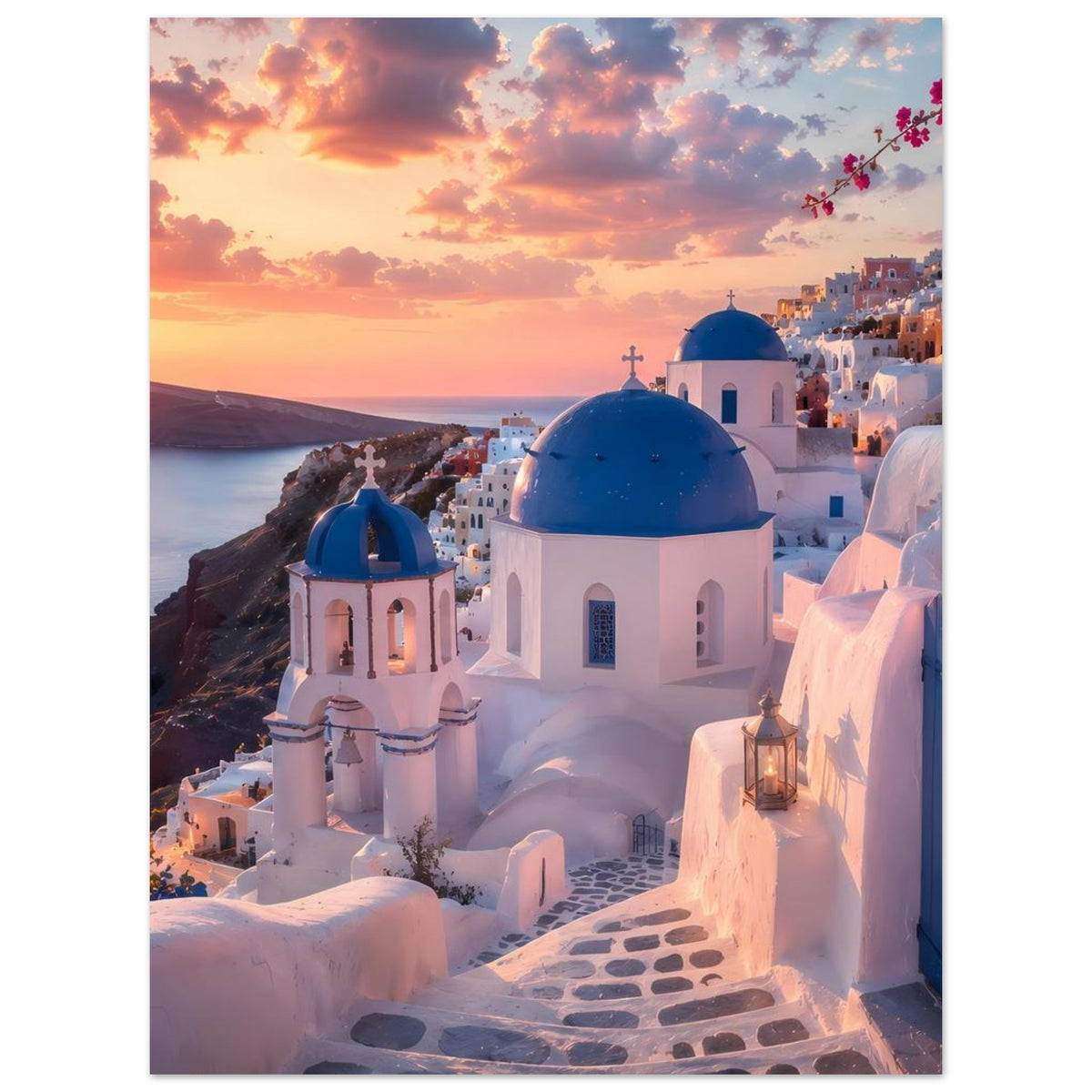 Fotoposter: weiße Kirchenfassade mit blauer Kuppel, Lichter und Abendhimmel in Santorini
