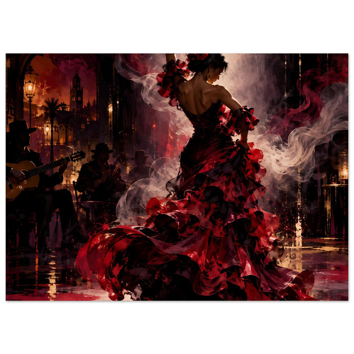 Flamenco-Passion-Poster: Tänzerin im roten Kleid mit Blumenkranz und Gitarrist im Hintergrund