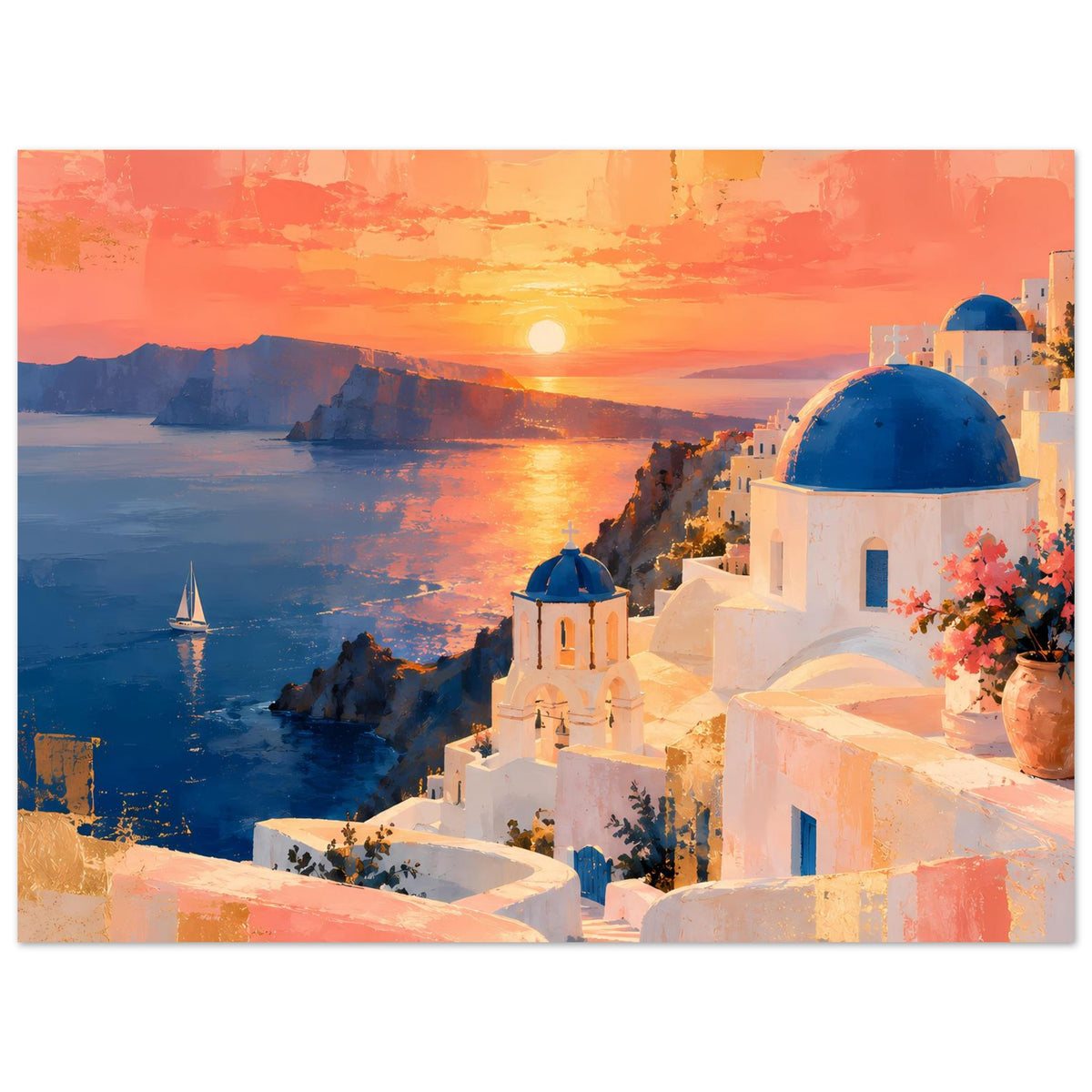 Wandposter mit Sonnenuntergang über dem Meer und weißem Gebäude mit blauer Kuppel