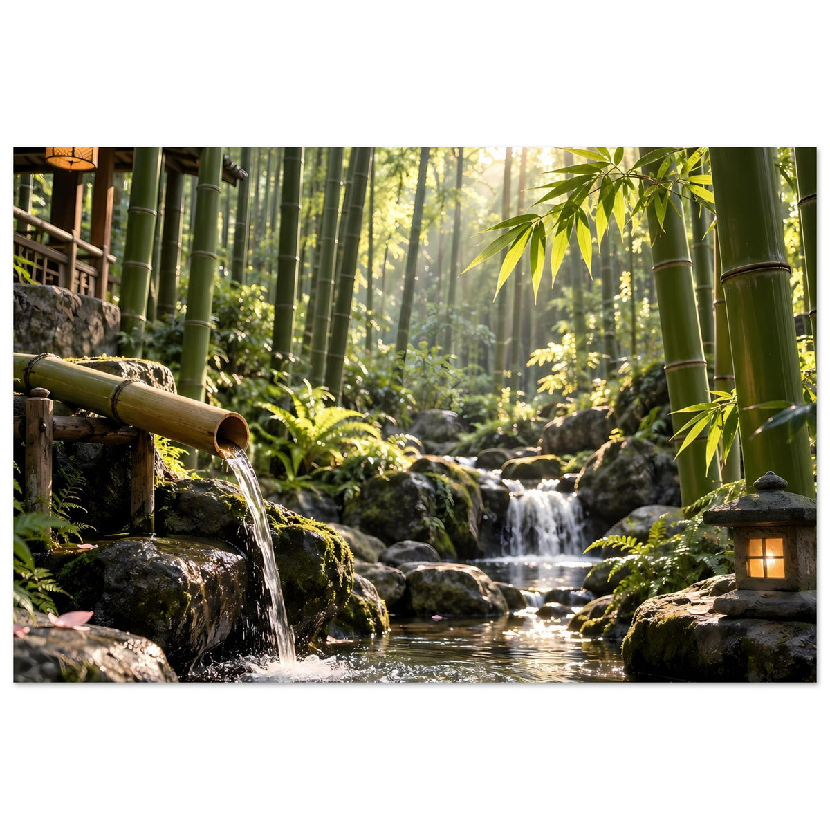 Poster mit Wasserfall im Bambuswald, Steine, Moos und spiegelndem Wasserbecken