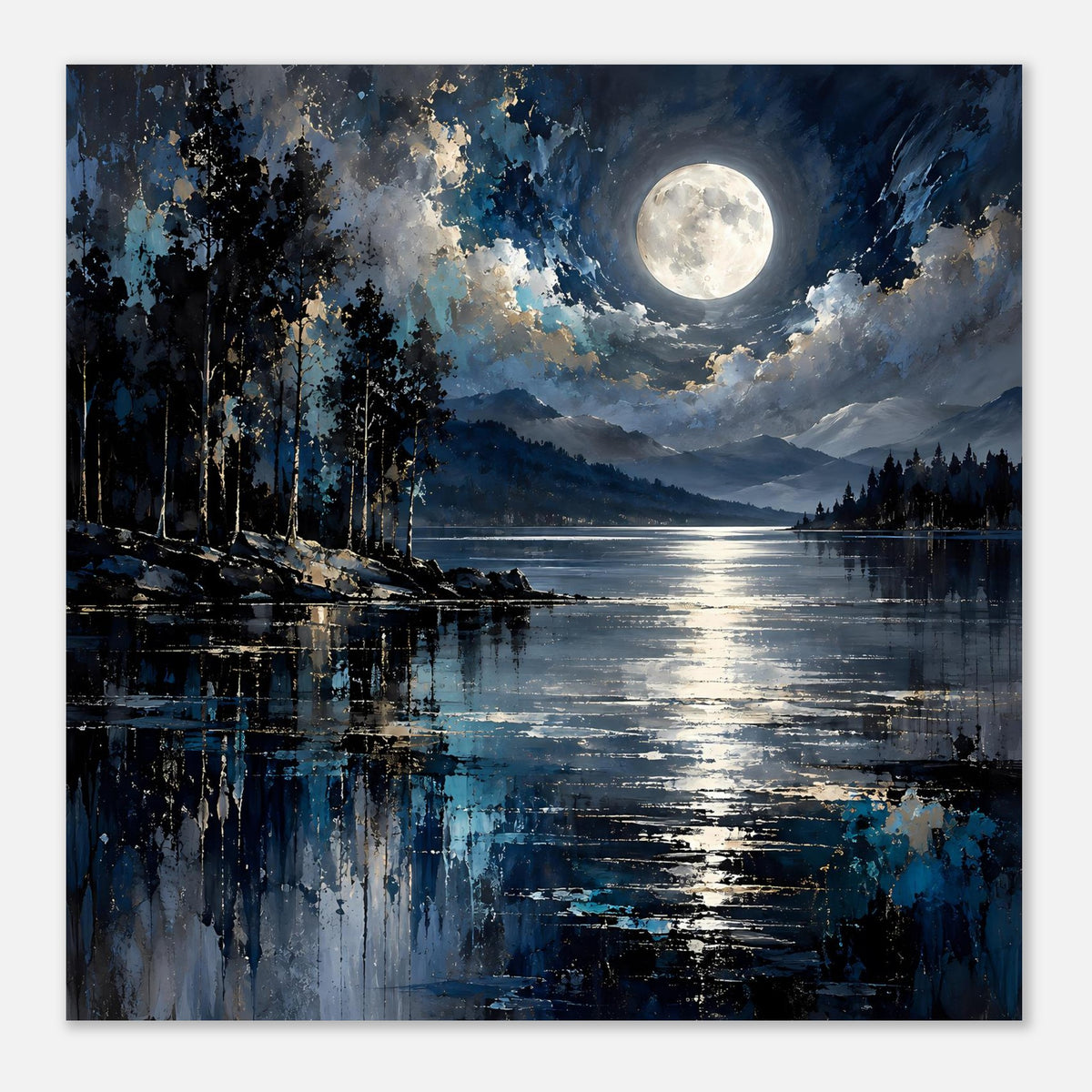 Landschaftsposter: großer Mond über See, silberne Spiegelungen und dunkle Bäume am Ufer.