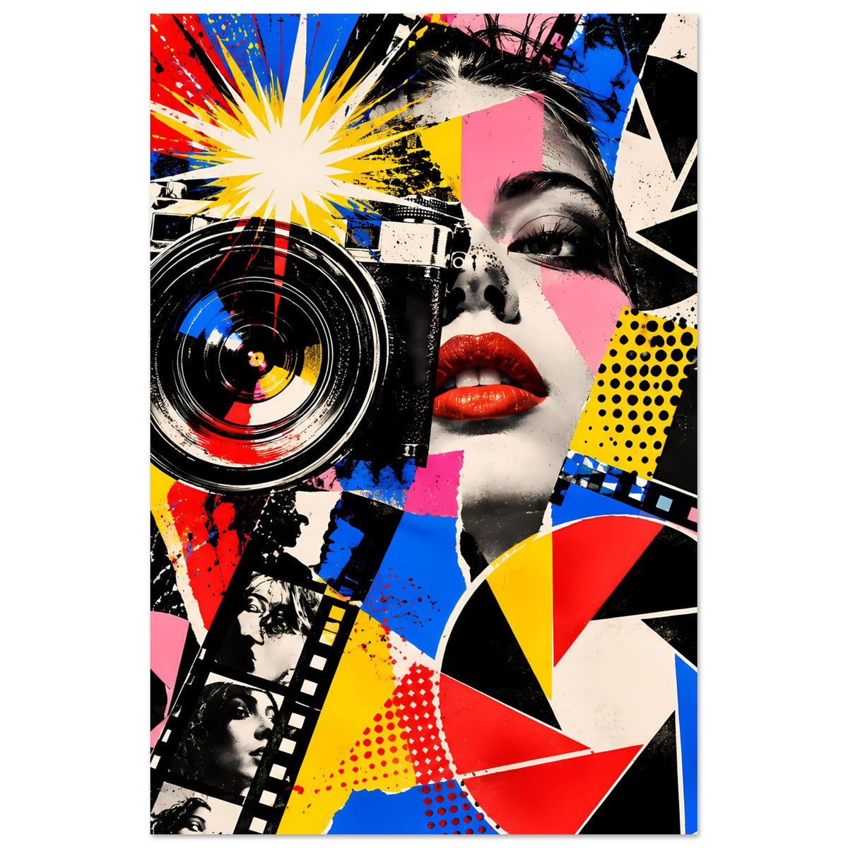 Fotografieposter im Pop-Art-Stil mit Porträt, Kameraobjektiv und bunten geometrischen Farbflächen