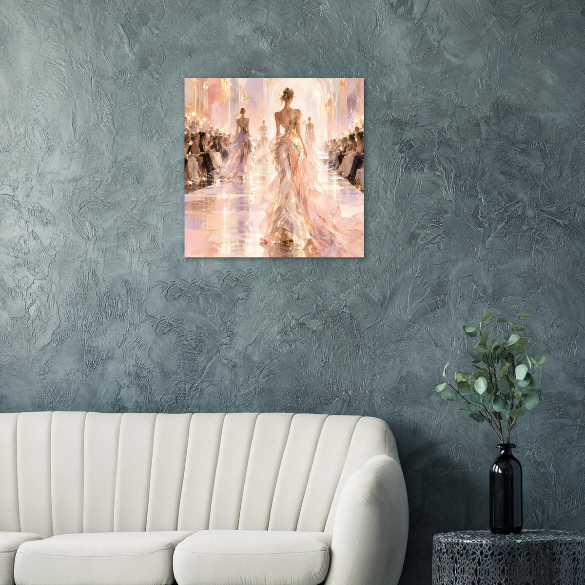 Vertikales Fashion-Laufsteg-Poster mit eleganter Figur in hellen Pastelltönen
