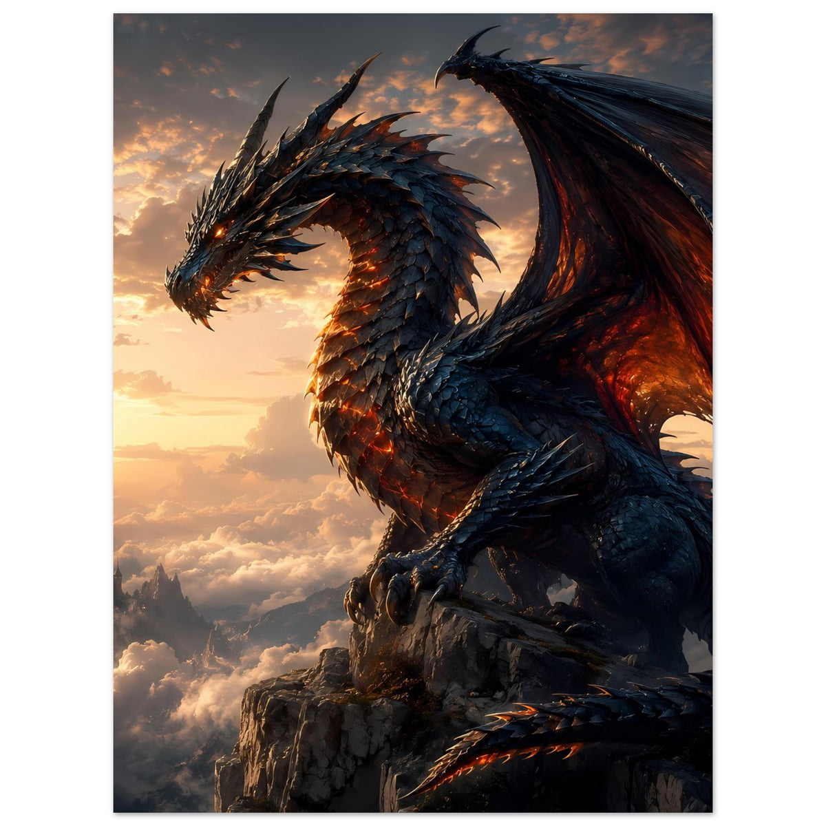 Fantasy-Drachenposter mit blauem Drachenkopf, offenen Flügeln und orangeglühender Brust