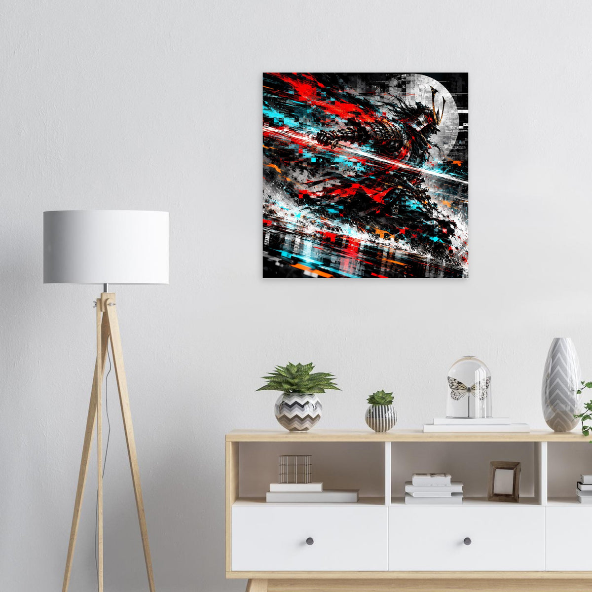 Quadratisches Poster mit dynamischer Samurai-Silhouette in Rot und Cyan, schwarzer Rahmen