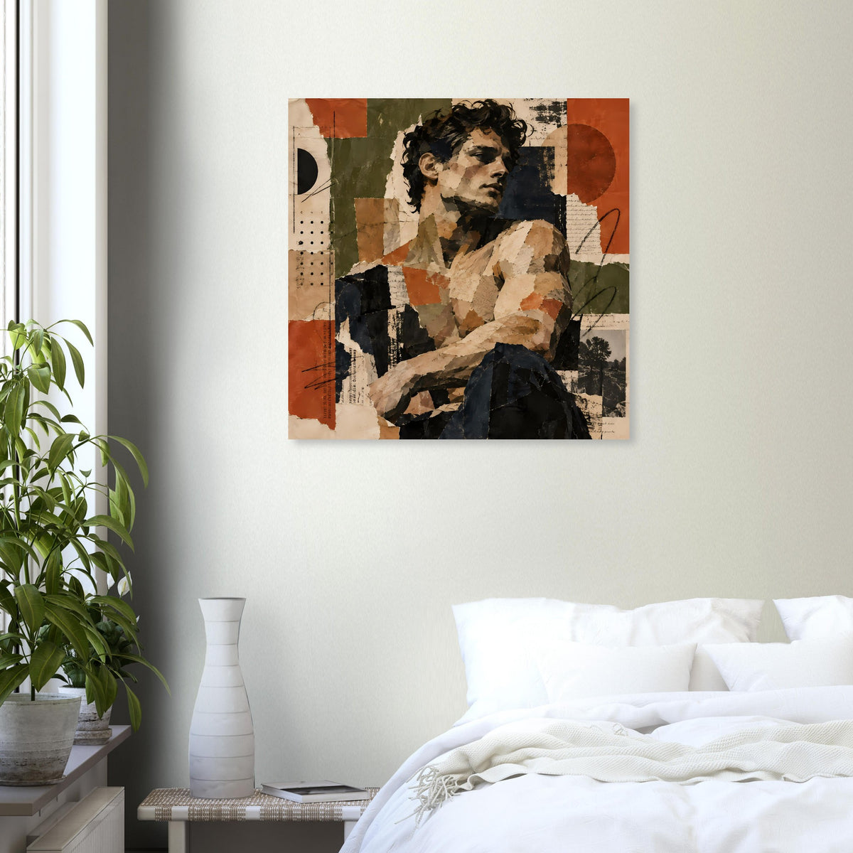 Vintage-Collagekunst-Poster mit Frauenporträt in Erdtönen, Collage aus Flächen und Linien