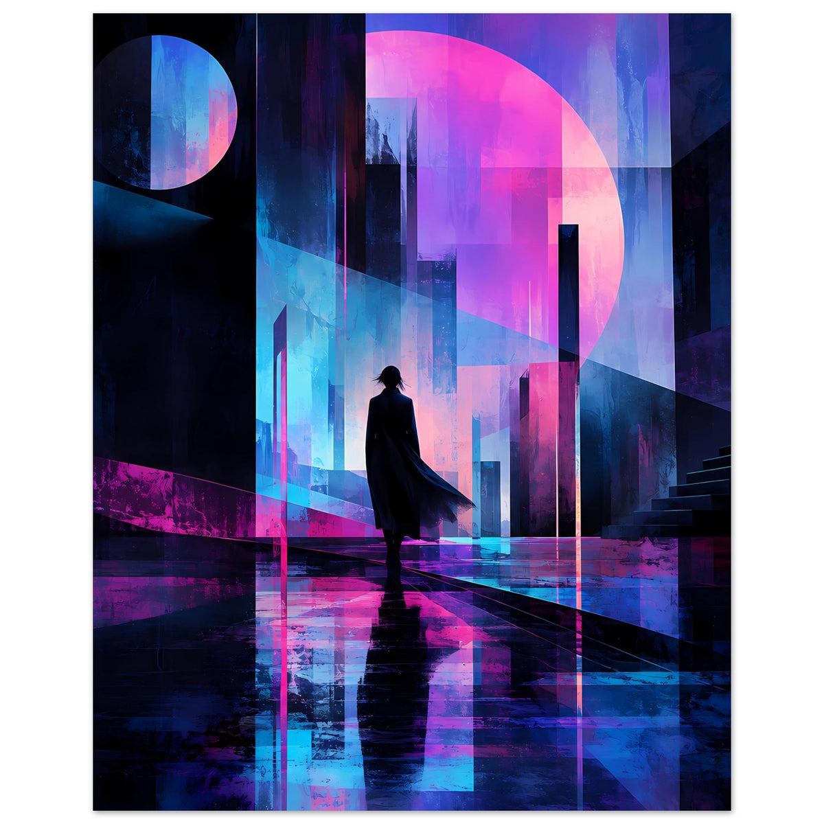 Neon-Nachtlandschaft Poster mit silhouettierter Gestalt, glühenden Säulen und geometrischen Stadtformen