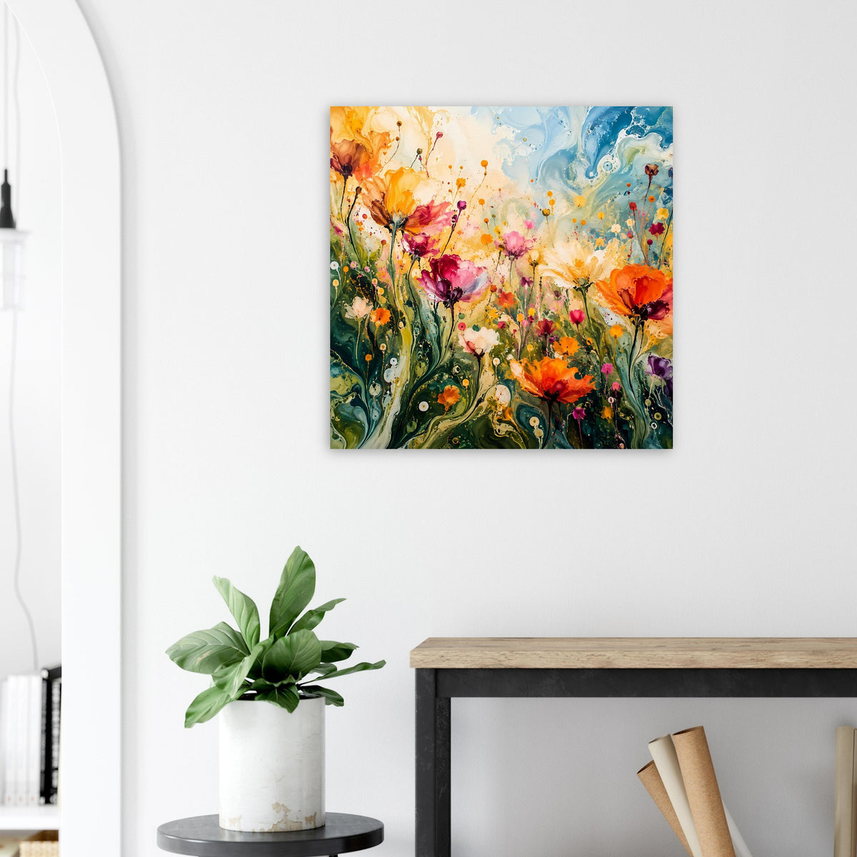Rechteckiges Blumenposter: orange, pink und gelbe Blüten im grünen Blättermeer.