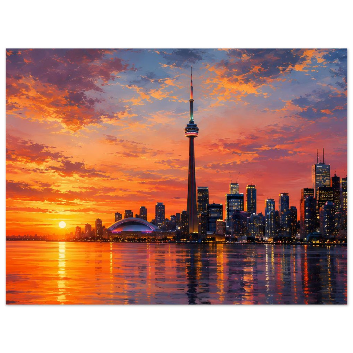 Poster mit Skyline und Fernsehturm bei Abendrot, Reflexionen auf ruhigem Wasser