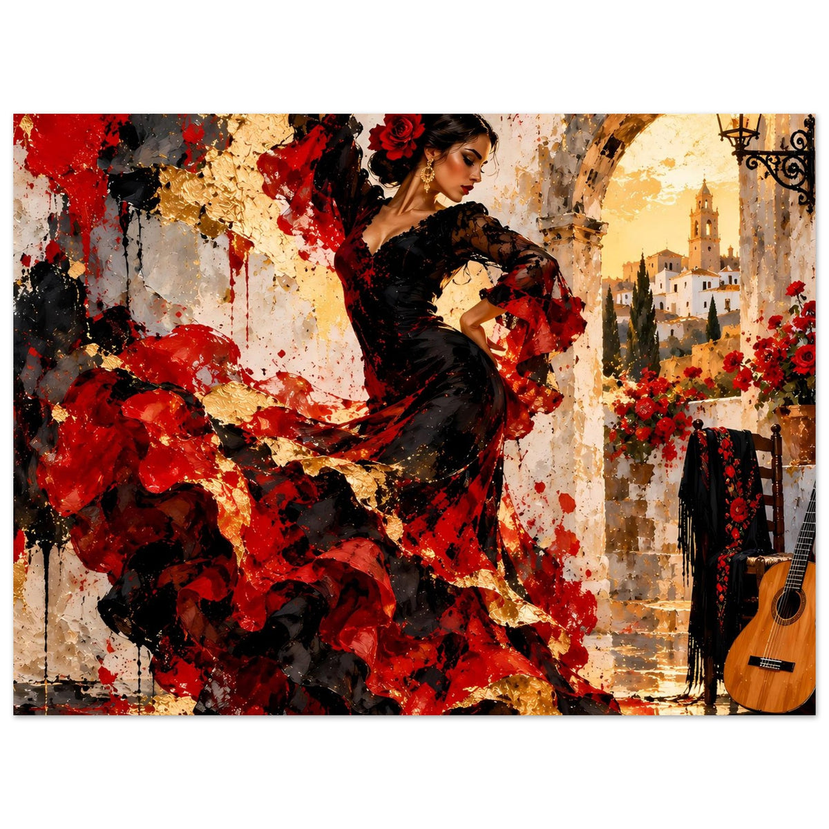 Poster mit Flamenco-Tänzerin in schwarzem Kleid, rote Farbspritzer, Stadtarchitektur und Dekorationen