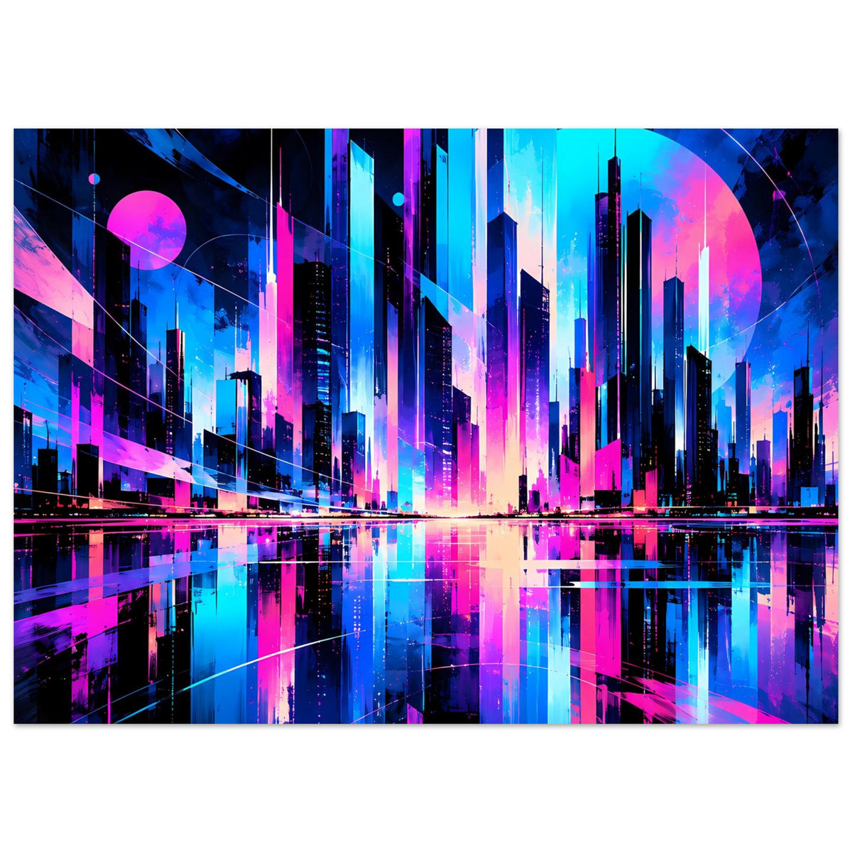 Neon-Stadtlandschafts-Poster, Querformat, kräftiges Blau und Pink mit reflektierender Skyline