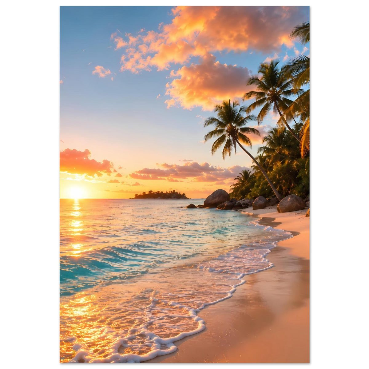 Poster mit tropischem Strand bei Sonnenuntergang, goldener Himmel und schäumende Wellen