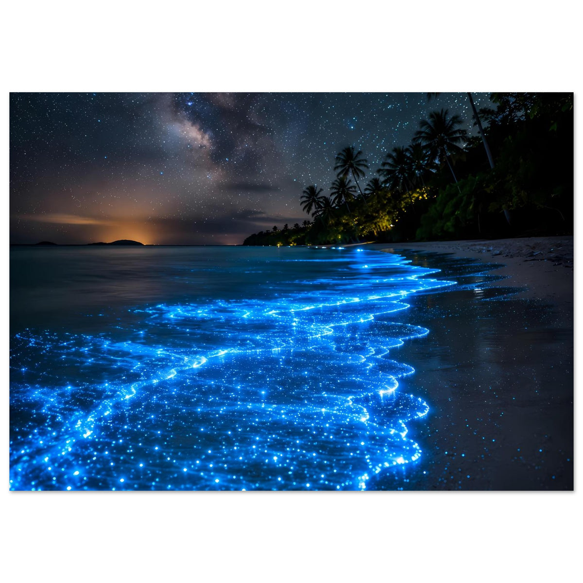 Meeresposter im Querformat: blau schimmernde Biolumineszenz-Wellen auf nassem Strand