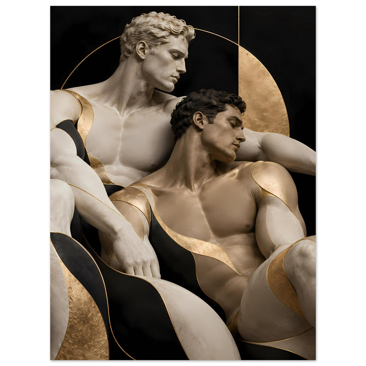 Wandposter mit skulpturalem Aktmotiv, zwei Figuren, goldene Akzente an Konturen