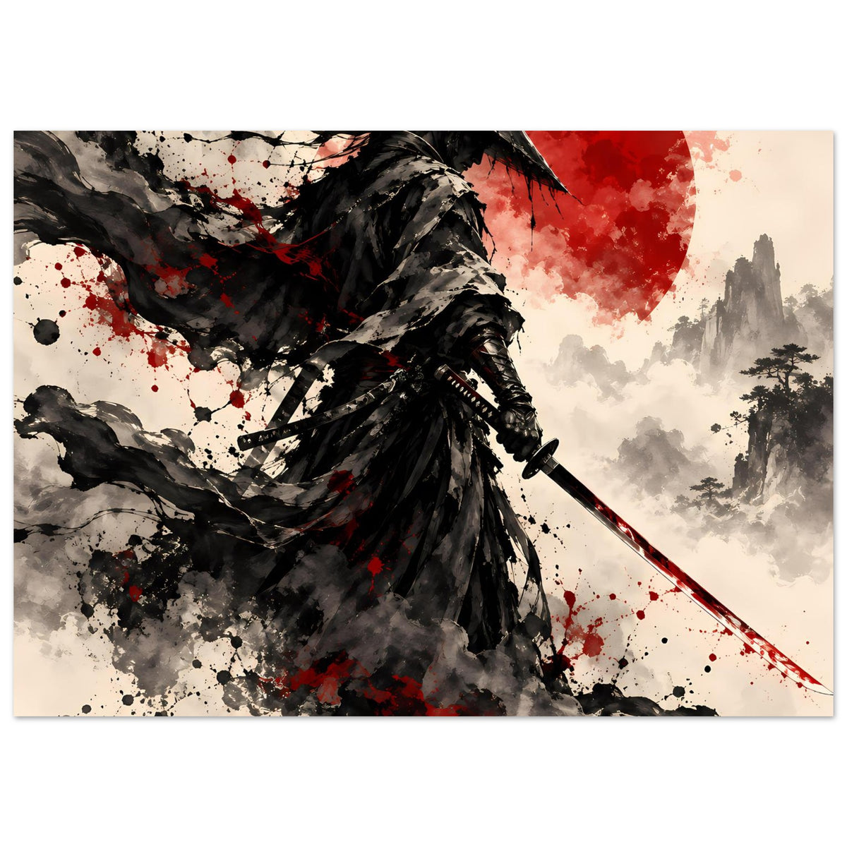 Samurai-Kriegerposter im Querformat mit roter Sonne und schwarzem Umhang
