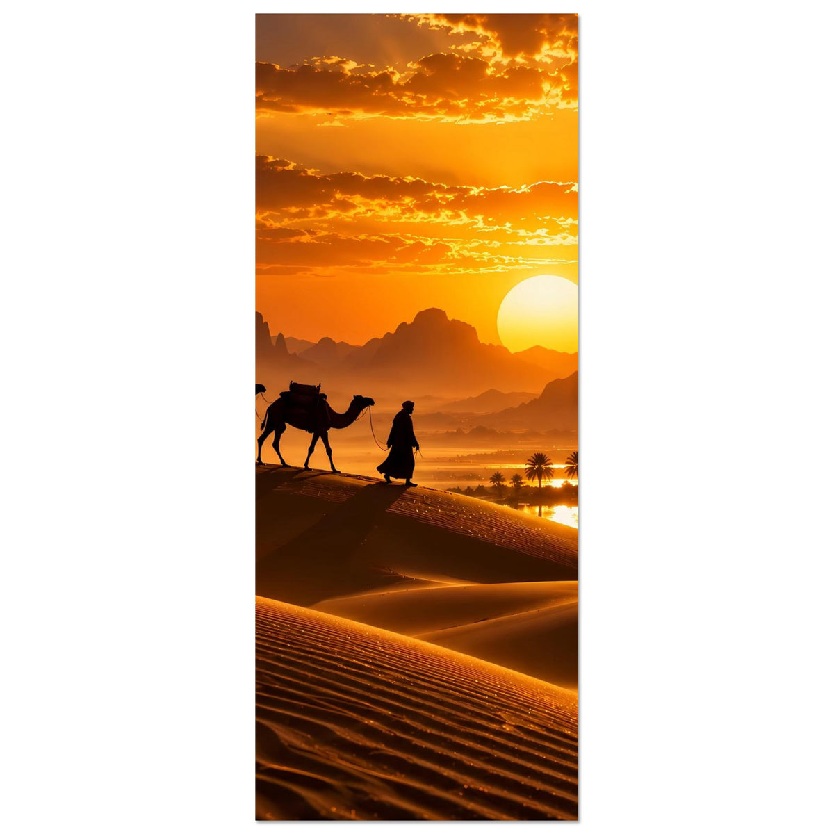 Vertikales Poster mit Wüstenkarawane, Kamele und Reiter vor Dünen bei Sonnenuntergang