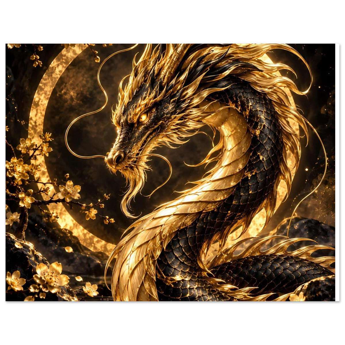 Poster mit goldenem Drachen in Nahansicht, Blüten am Rand und geschwungener Schwanzlinie