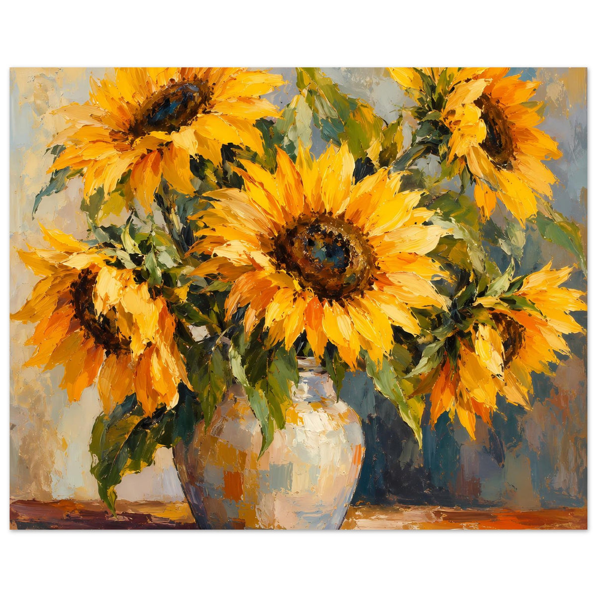 Poster mit Sonnenblumen-Stillleben: große gelbe Blüten, Vase mit gemaltem Pinselstrich