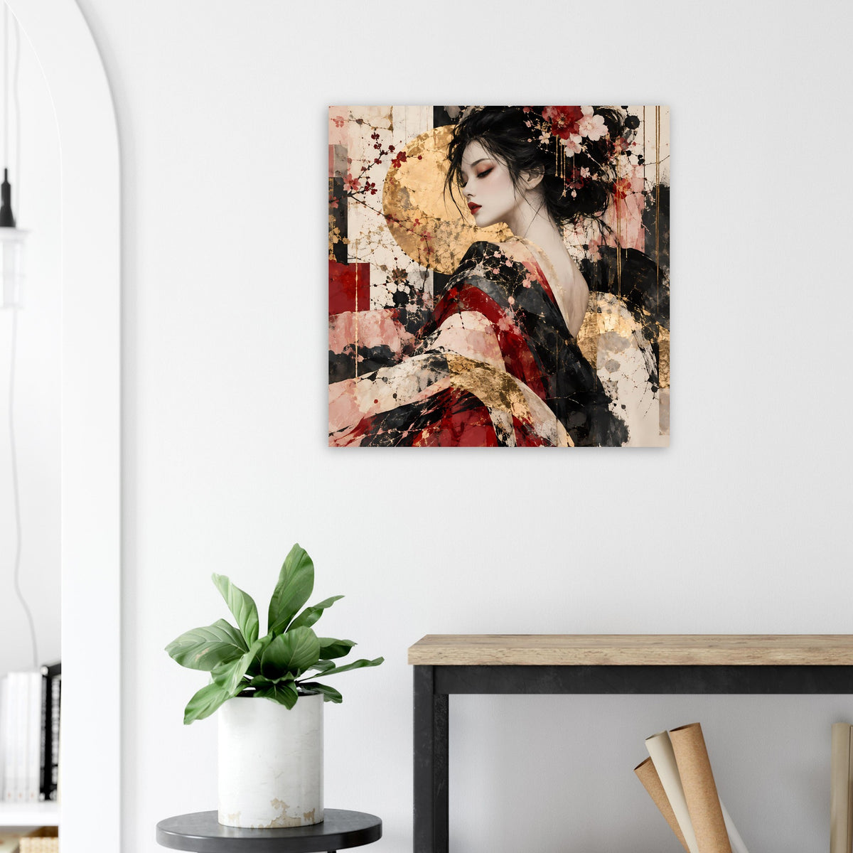 Kunstposter im Querformat mit Frauengesicht, Blumenkranz und roten Goldakzenten