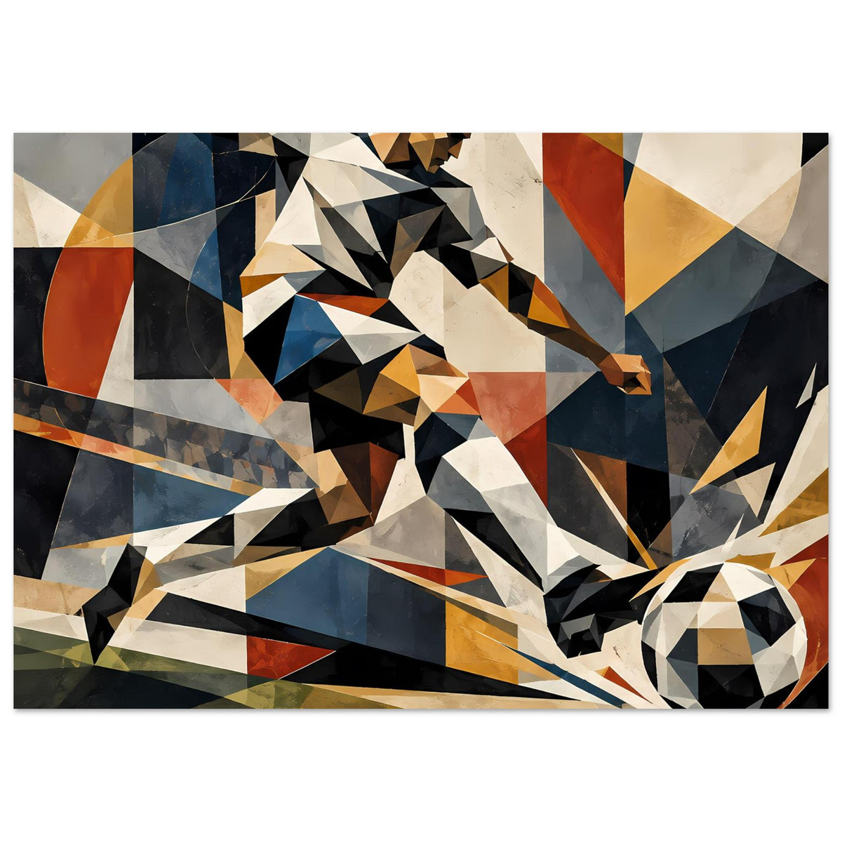 Abstraktes Poster mit geometrischem Fußballspieler und Fußball, kantige Farbflächen im Motiv