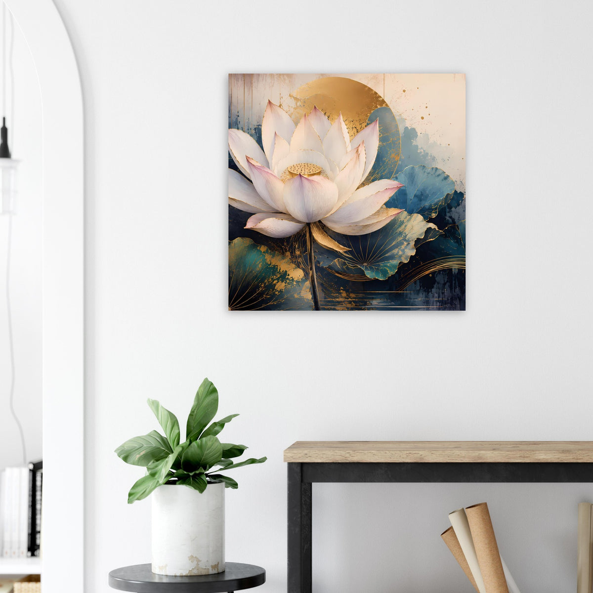 Premium-Poster mit Lotusblütenmotiv, weißen Blüten und goldblauen Farbsprenkeln