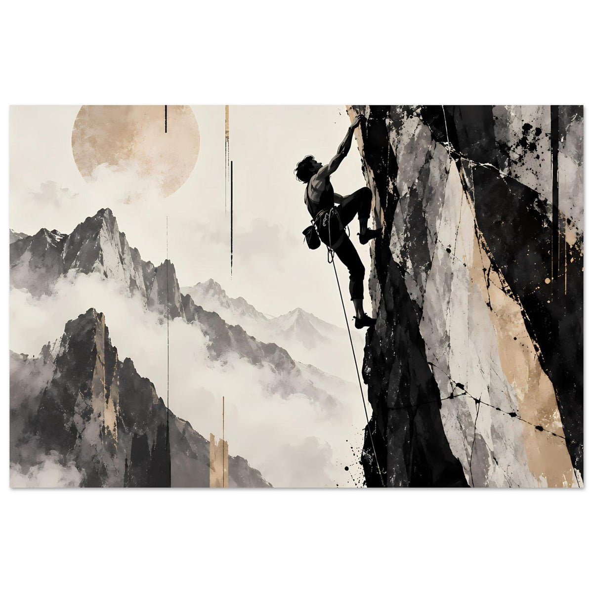 Kunstdruck: Bergkletterer zwischen Fels und Berglandschaft, abstrakte Linien, Schwarz, Grau, Beige