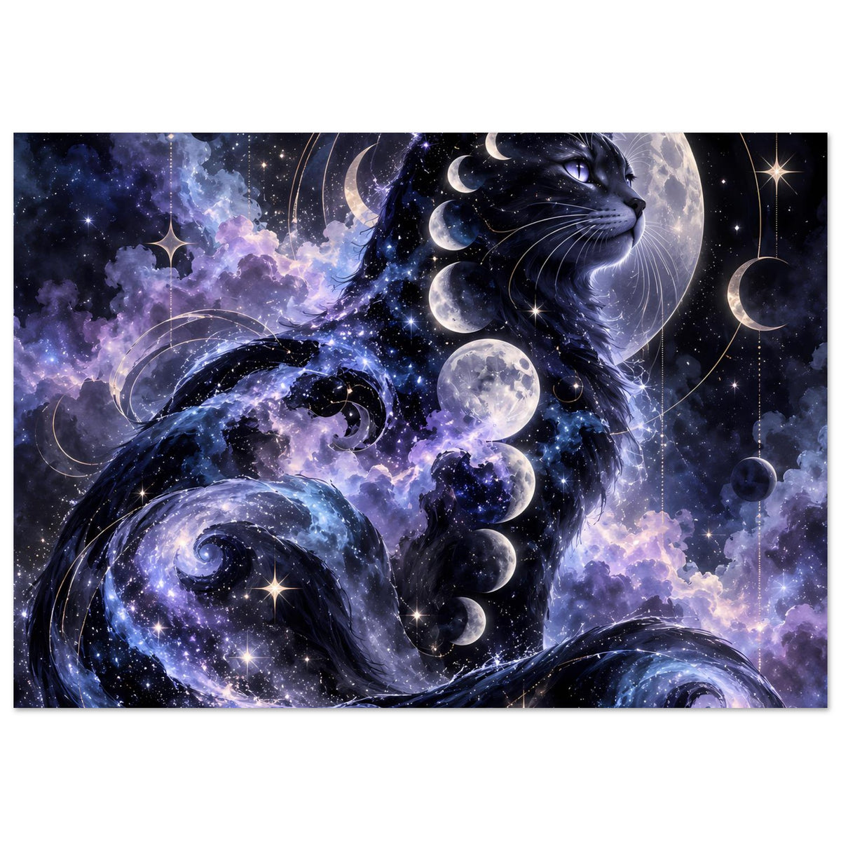 Horizontales Poster: schwarzer Katzenkopf vor Mondphasen und Galaxie, Sterne im Motiv