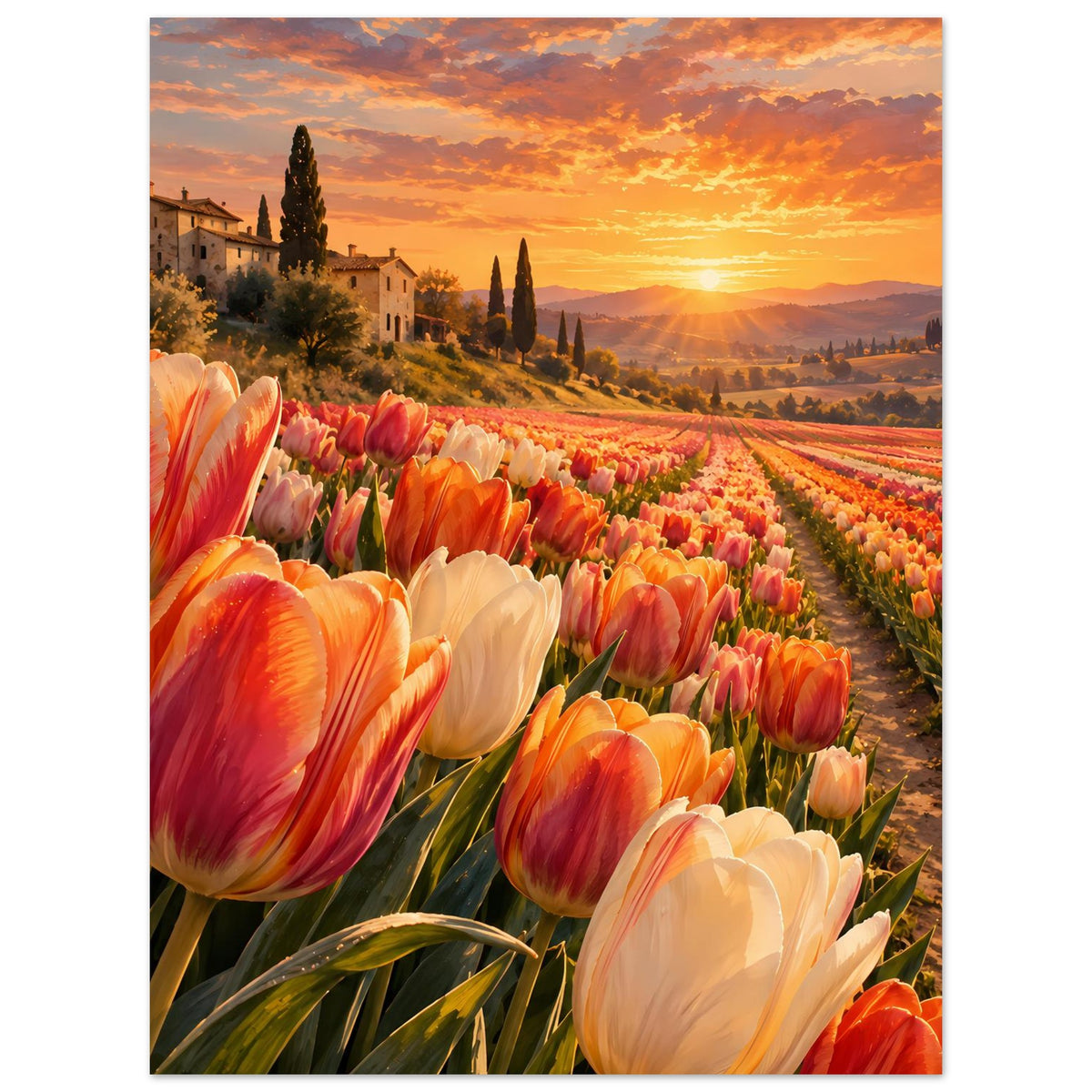 Poster: Tulpenfeld mit orange-roten und weißen Blüten, Sonne im Hintergrund, Hochformat