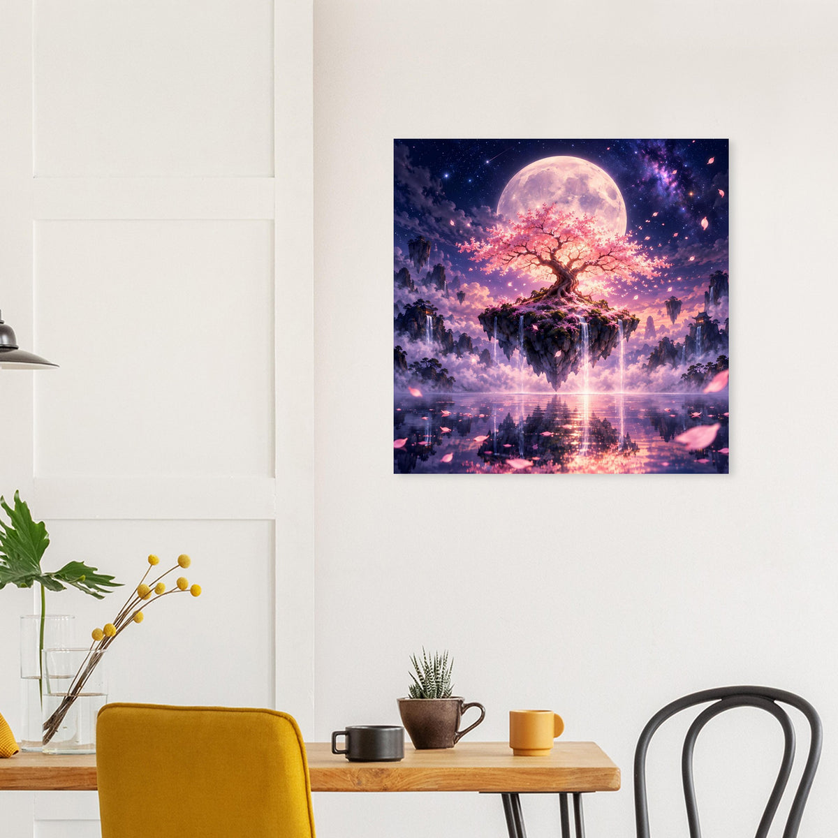 Quadratisches Wandposter mit schwebendem Kirschblütenbaum, Mondnacht und Reflexion