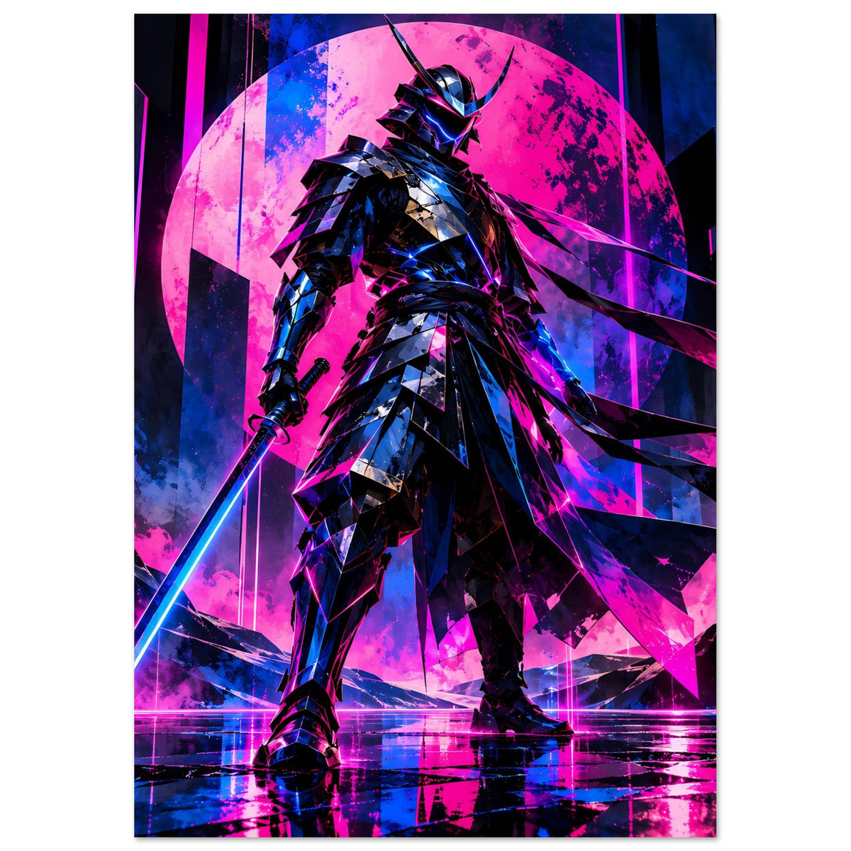 Neon-Samurai Poster: stehender Cyberpunk-Krieger mit Helm und Neon-Armor, blau/pink