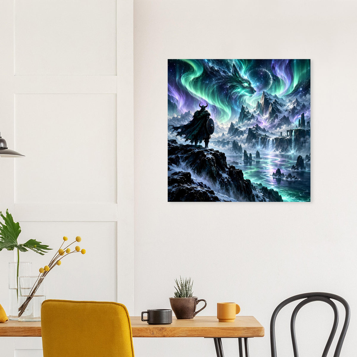 Fantasy-Poster mit Krieger-Silhouette, Drachen und Polarlicht über Felsklippen