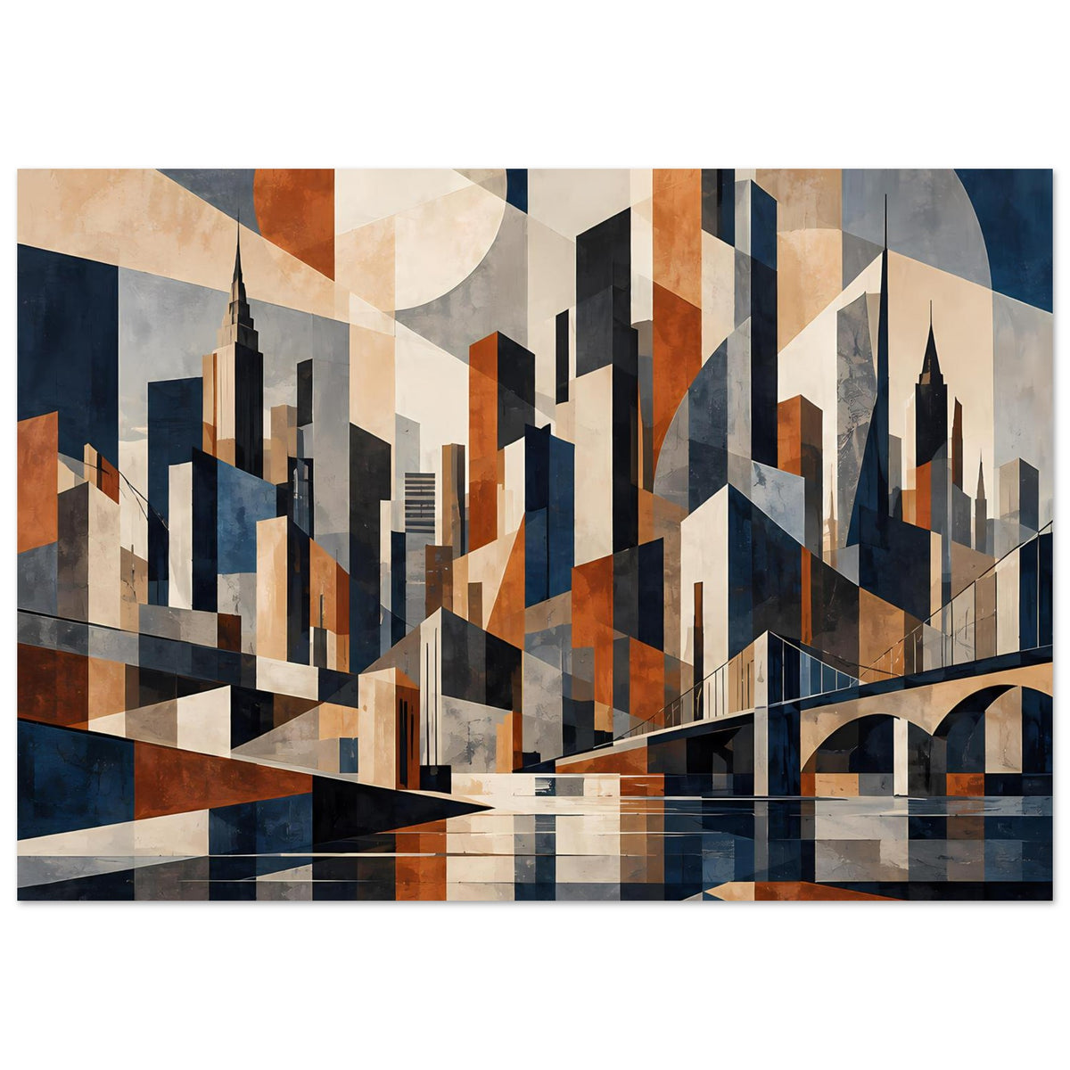 Poster mit abstrakter Stadtsilhouette: Türme, Brückenbogen und rechteckige Muster in Blau/Rost