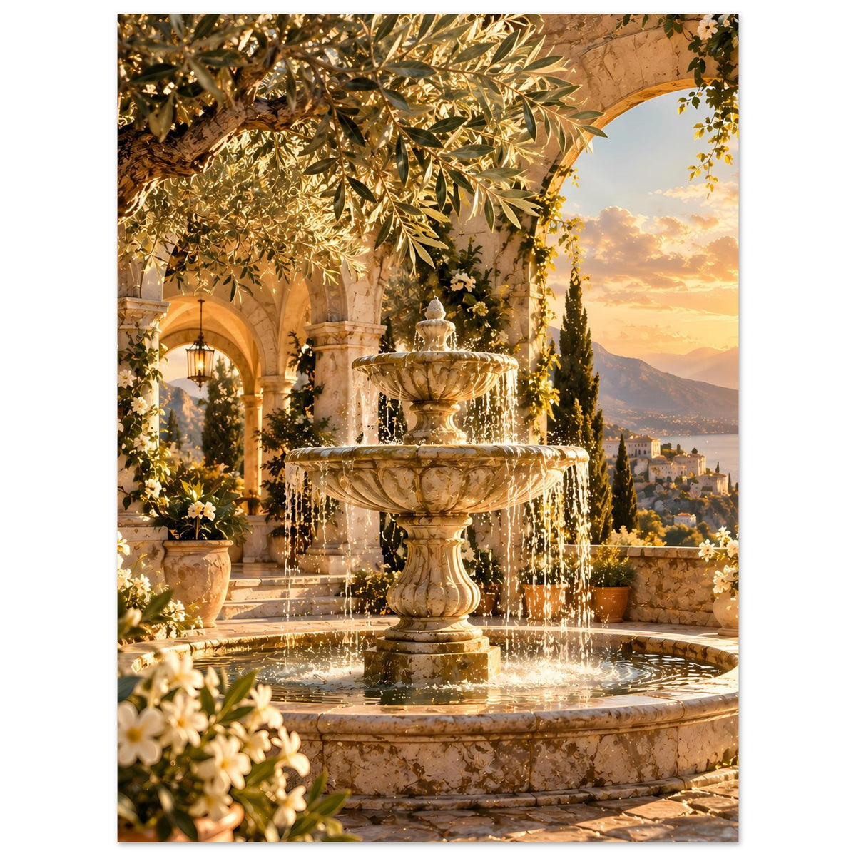 Kunstposter: zentrale Brunnenfontäne, goldener Laubkranz und Blumen links vor warmem Himmel