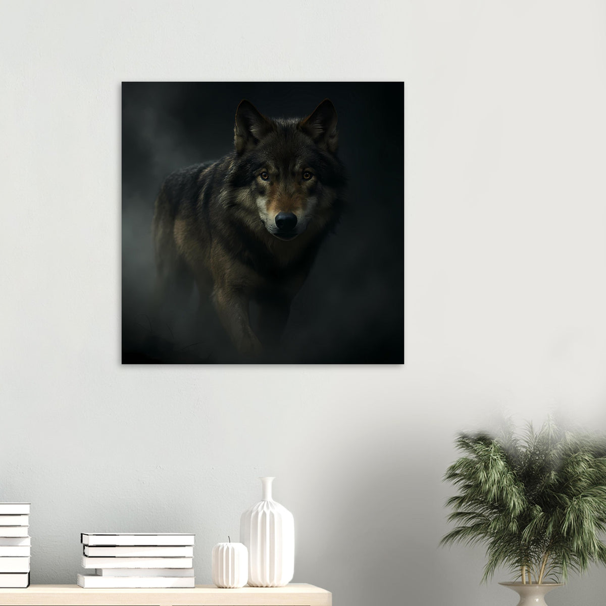 Quadratisches Poster mit Wolfsgesicht, Blick nach vorn, dunkler Hintergrund