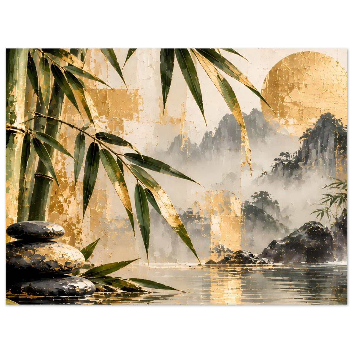 Wandposter mit Bambus, Felssteinen links unten, Wasserfall im Nebel und goldenen Reflexen