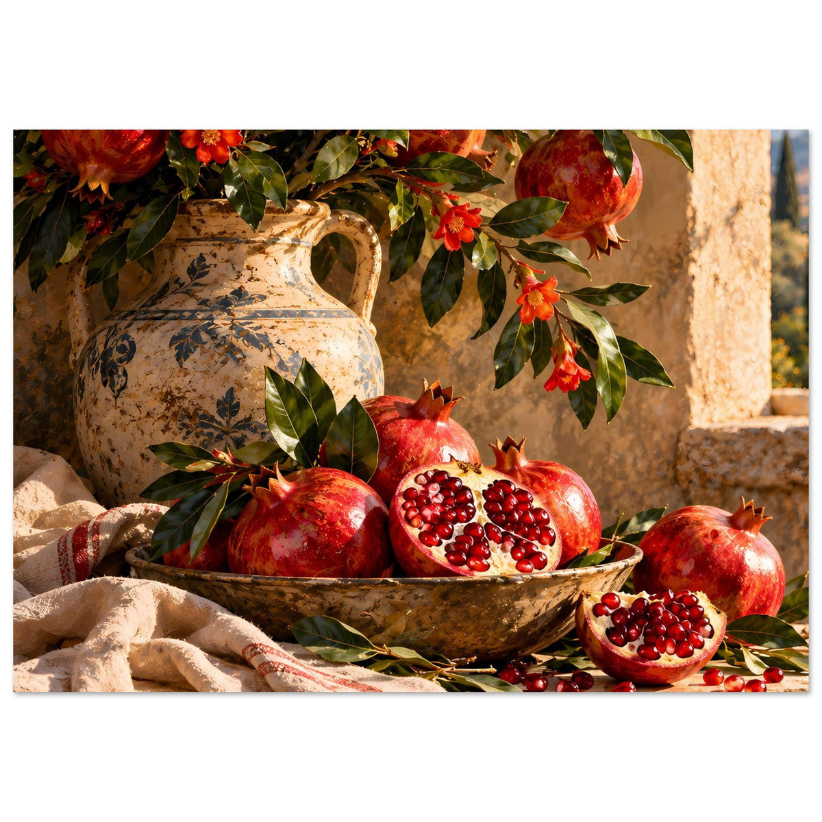 Poster mit Stillleben: Granatäpfel in Keramikschale, große Vase, rote Blüten, Mattpapier
