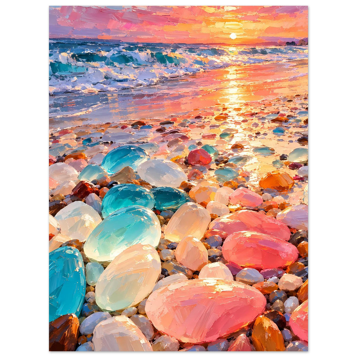 Poster mit Sonnenuntergang am Strand und bunten Glassteinen, vertikale Ausrichtung