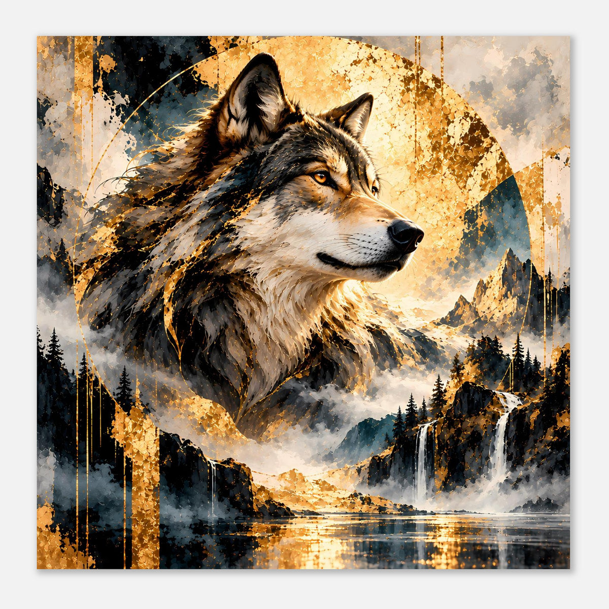 Wolfs-Artposter mit goldenen Spritzern, Wolf im Vordergrund und Wasserfall in der Ferne