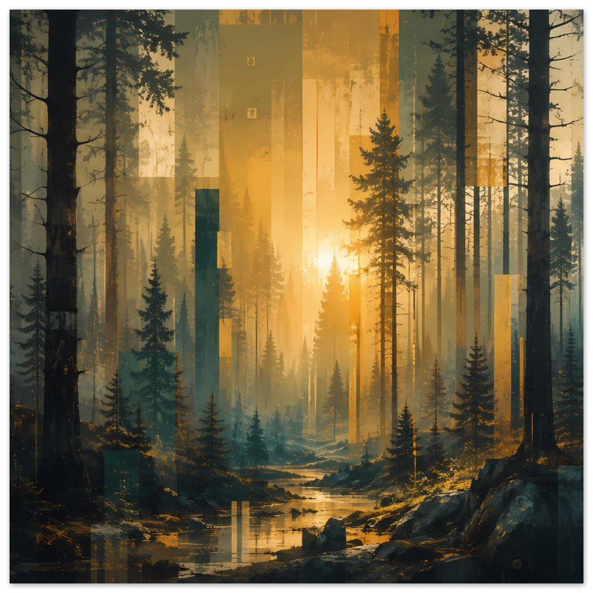 Wandposter Waldlandschaft im Sonnenaufgang, dunkle Baumreihen und goldene Morgenhintergründe